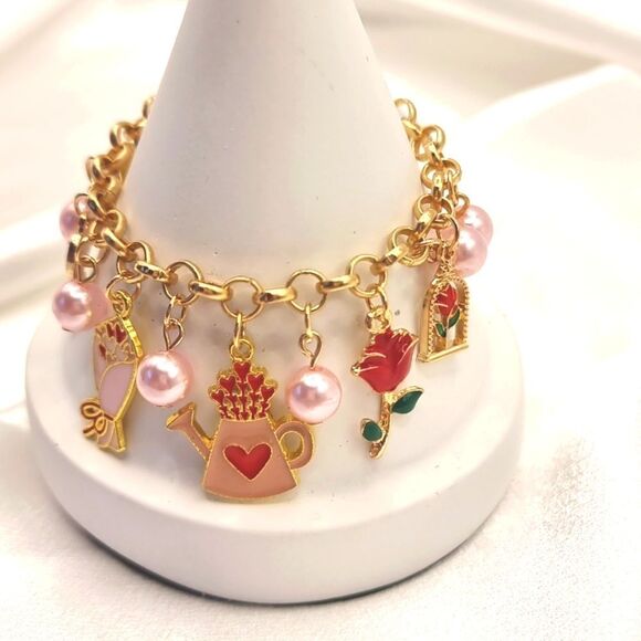 New PINK PEARL heart rose bird boho charm bracelet - Picture 6 of 11